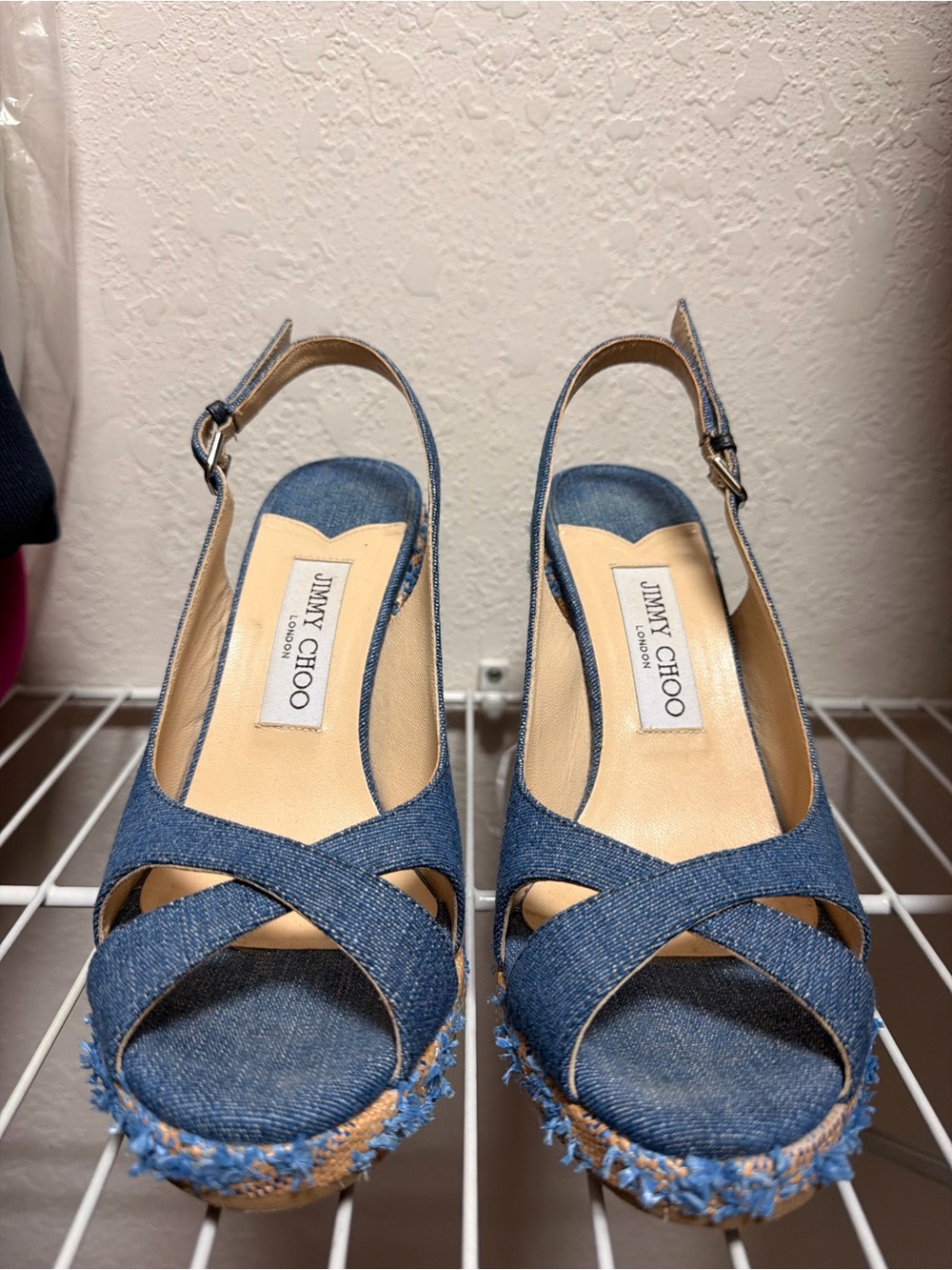 Jimmy Choo Blue Denim Crisscross Slingback Wedge Sandals